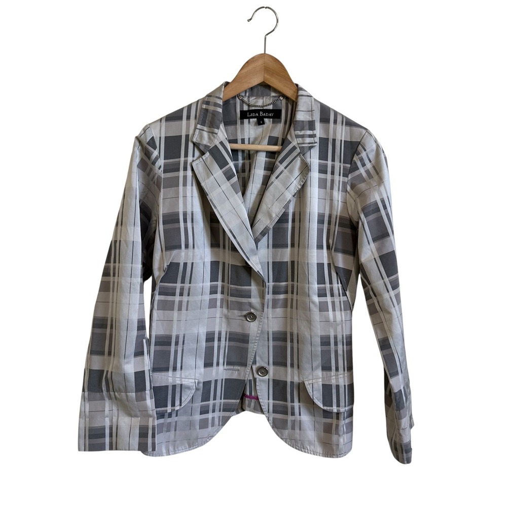 Lida Baday Women's Plaid Blazer Gray Cream Career Casual Jacket Size 6‎